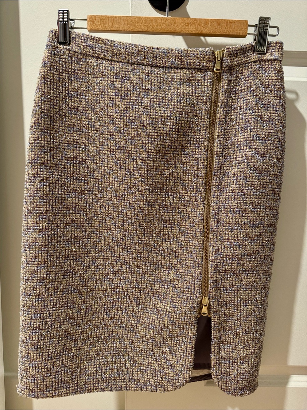 J. Crew Tweed Pencil Skirt in Tan Multi with Gold Zip